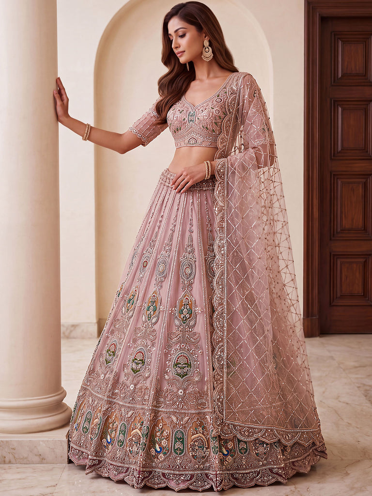 Lovable Pink Hand Work Net Engagement Wear Lehenga Choli With Dupatta