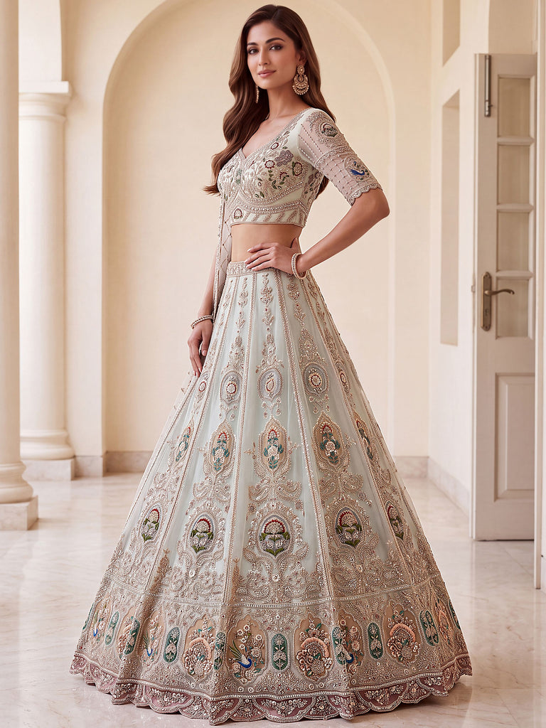 Rich Mint Green Heavy Embroidered Net Reception Wear Lehenga Choli