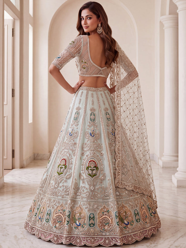 Rich Mint Green Heavy Embroidered Net Reception Wear Lehenga Choli