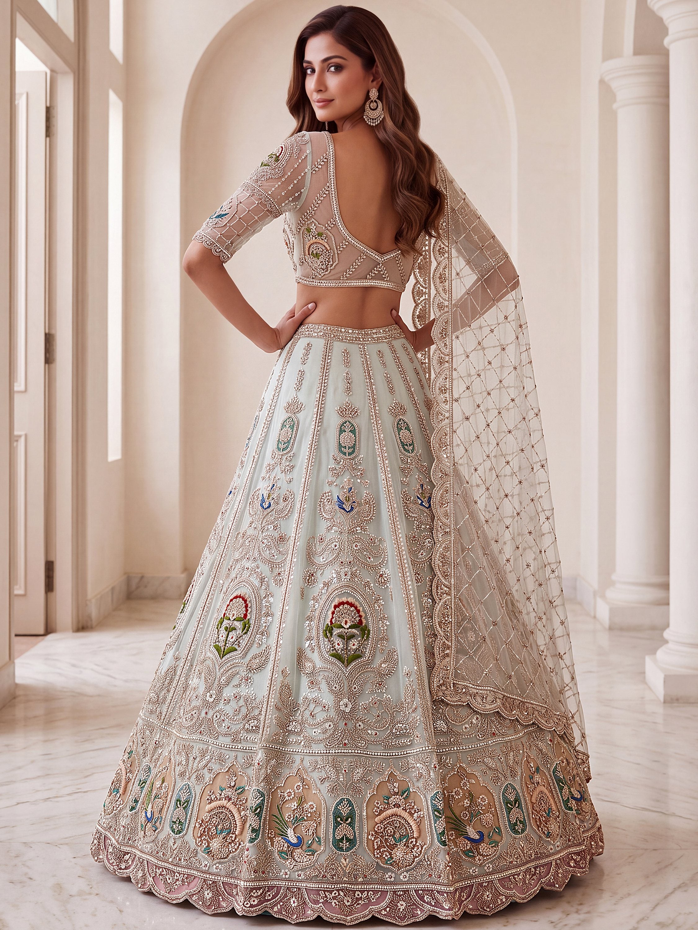 Rich Mint Green Heavy Embroidered Net Reception Wear Lehenga Choli