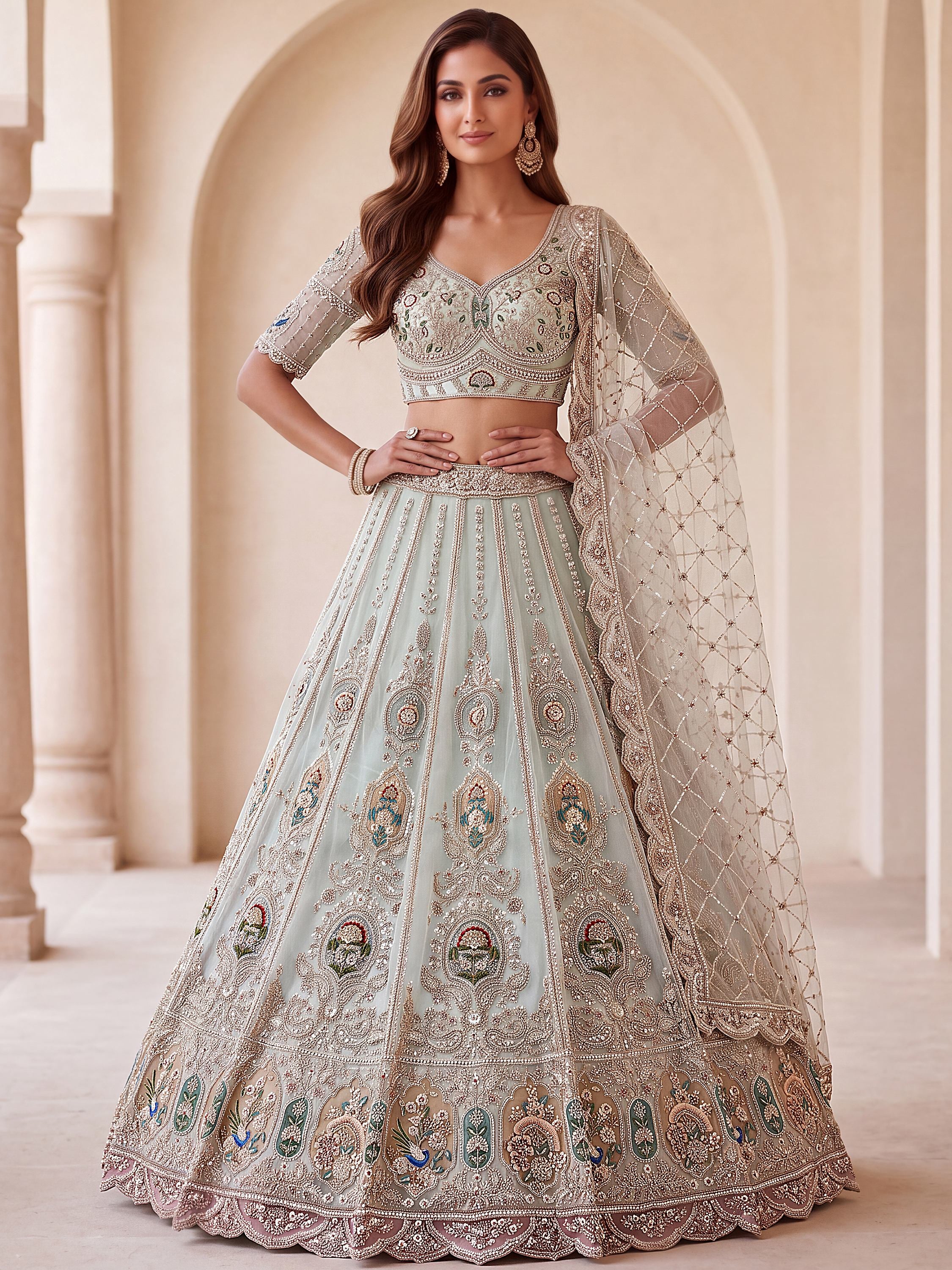 Rich Mint Green Heavy Embroidered Net Reception Wear Lehenga Choli