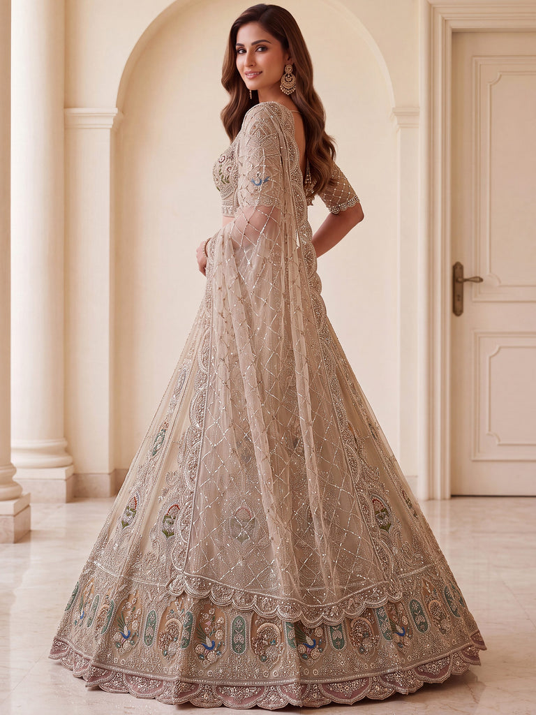 Noteworthy Beige Zari Work Net Sangeet Wear Lehenga Choli With Dupatta
