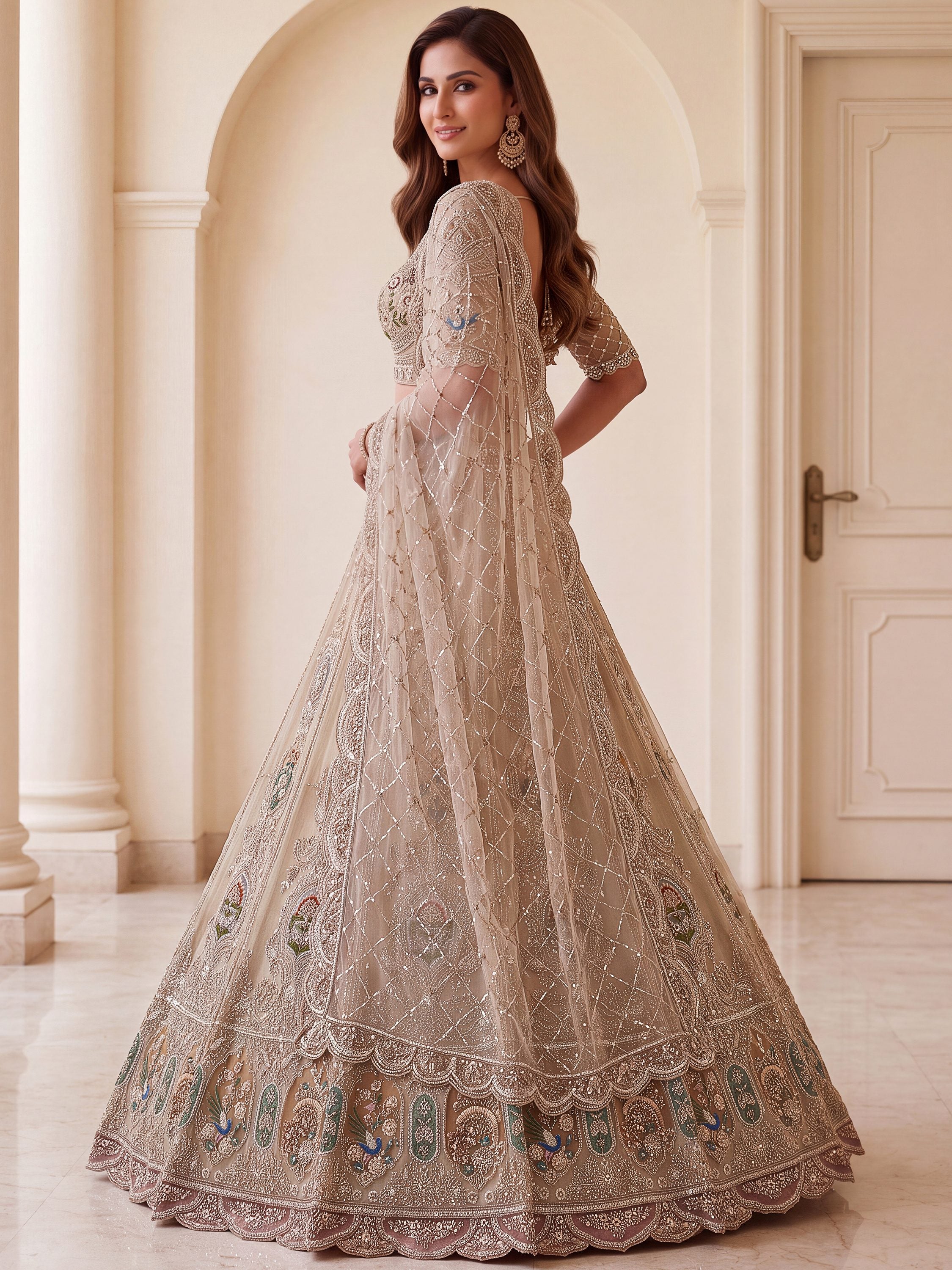 Noteworthy Beige Zari Work Net Sangeet Wear Lehenga Choli With Dupatta