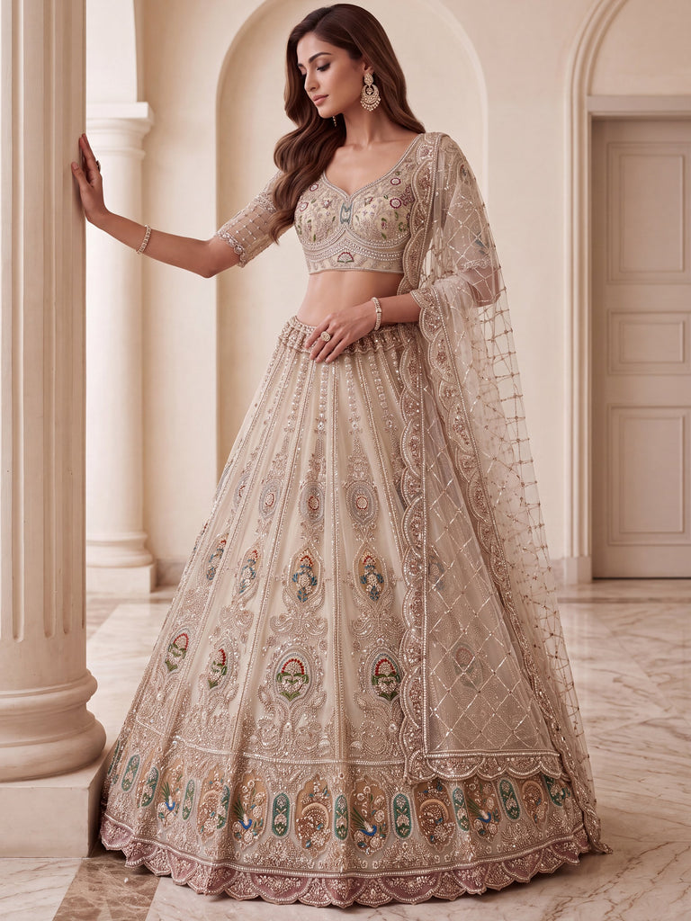 Noteworthy Beige Zari Work Net Sangeet Wear Lehenga Choli With Dupatta