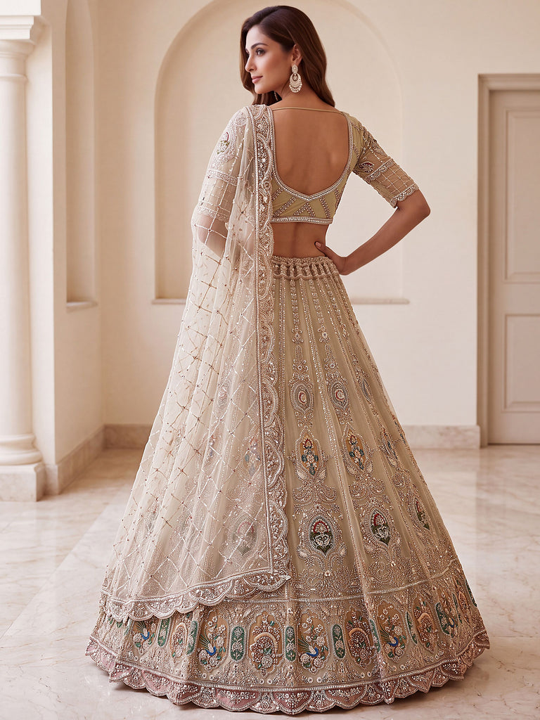 Noteworthy Beige Zari Work Net Sangeet Wear Lehenga Choli With Dupatta