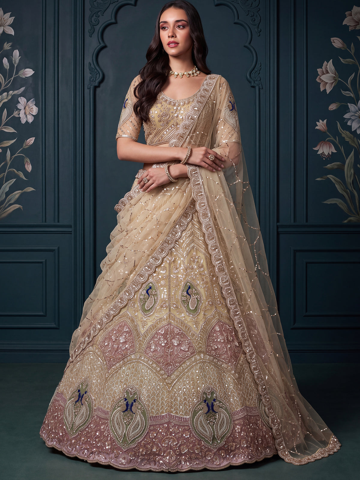 Gorgeous Golden Bead Embroidered Net Sangeet Wear Lehenga Choli