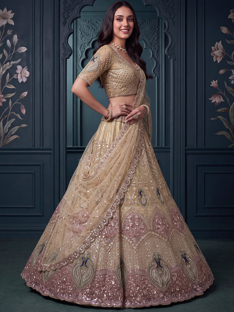 Gorgeous Golden Bead Embroidered Net Sangeet Wear Lehenga Choli