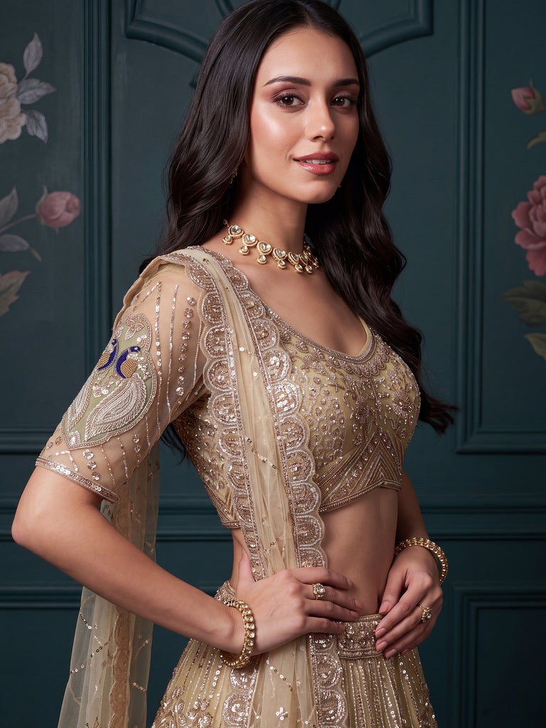 Gorgeous Golden Bead Embroidered Net Sangeet Wear Lehenga Choli