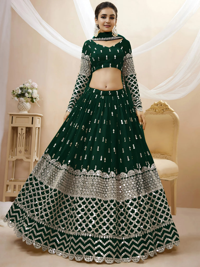 Capricious Dark Green Sequins Work Georgette Lehenga Choli