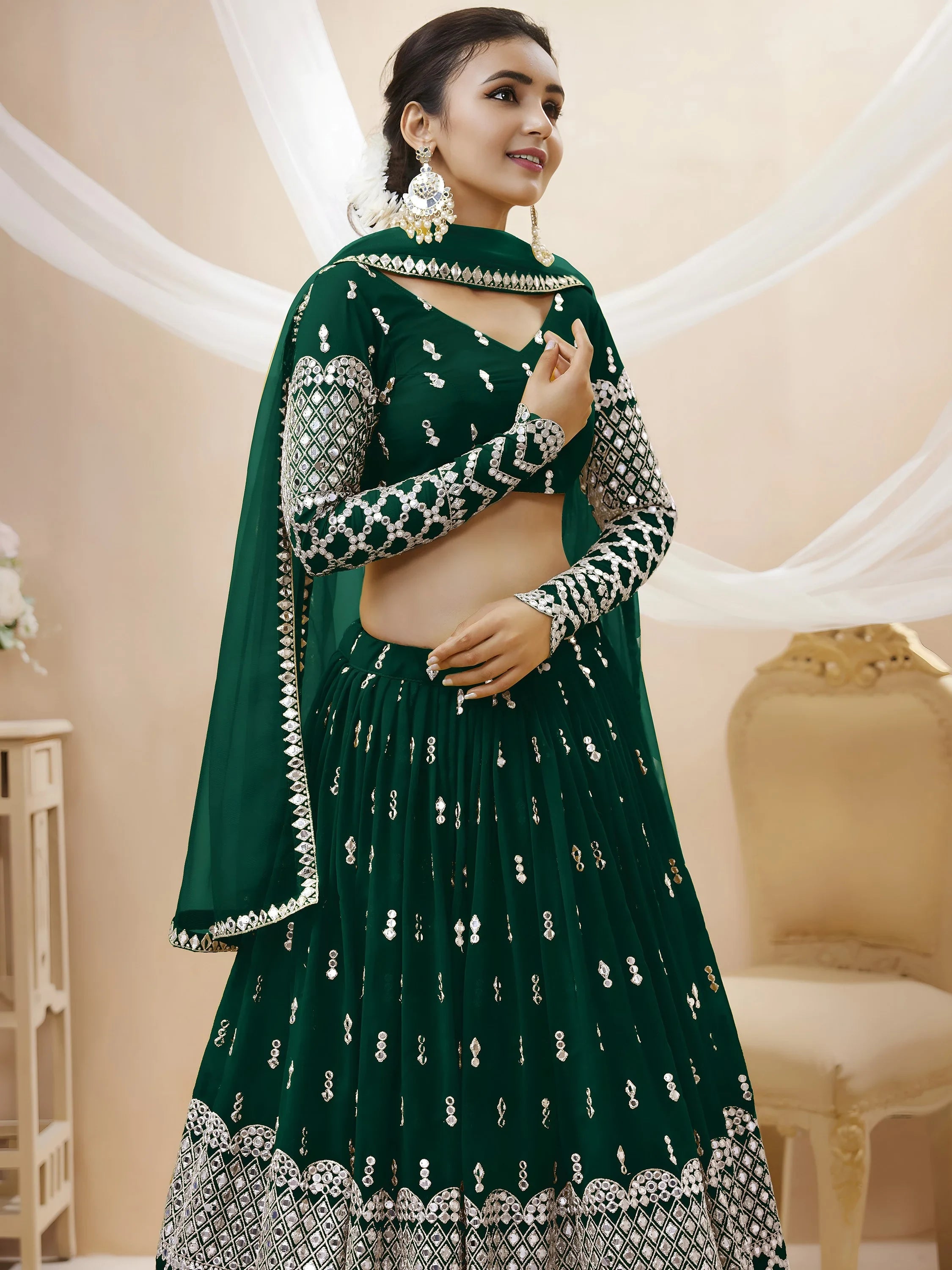 Capricious Dark Green Sequins Work Georgette Lehenga Choli