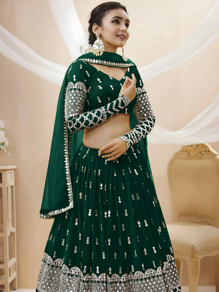 Capricious Dark Green Sequins Work Georgette Lehenga Choli