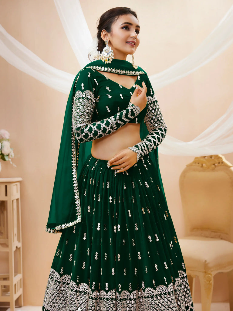 Capricious Dark Green Sequins Work Georgette Lehenga Choli
