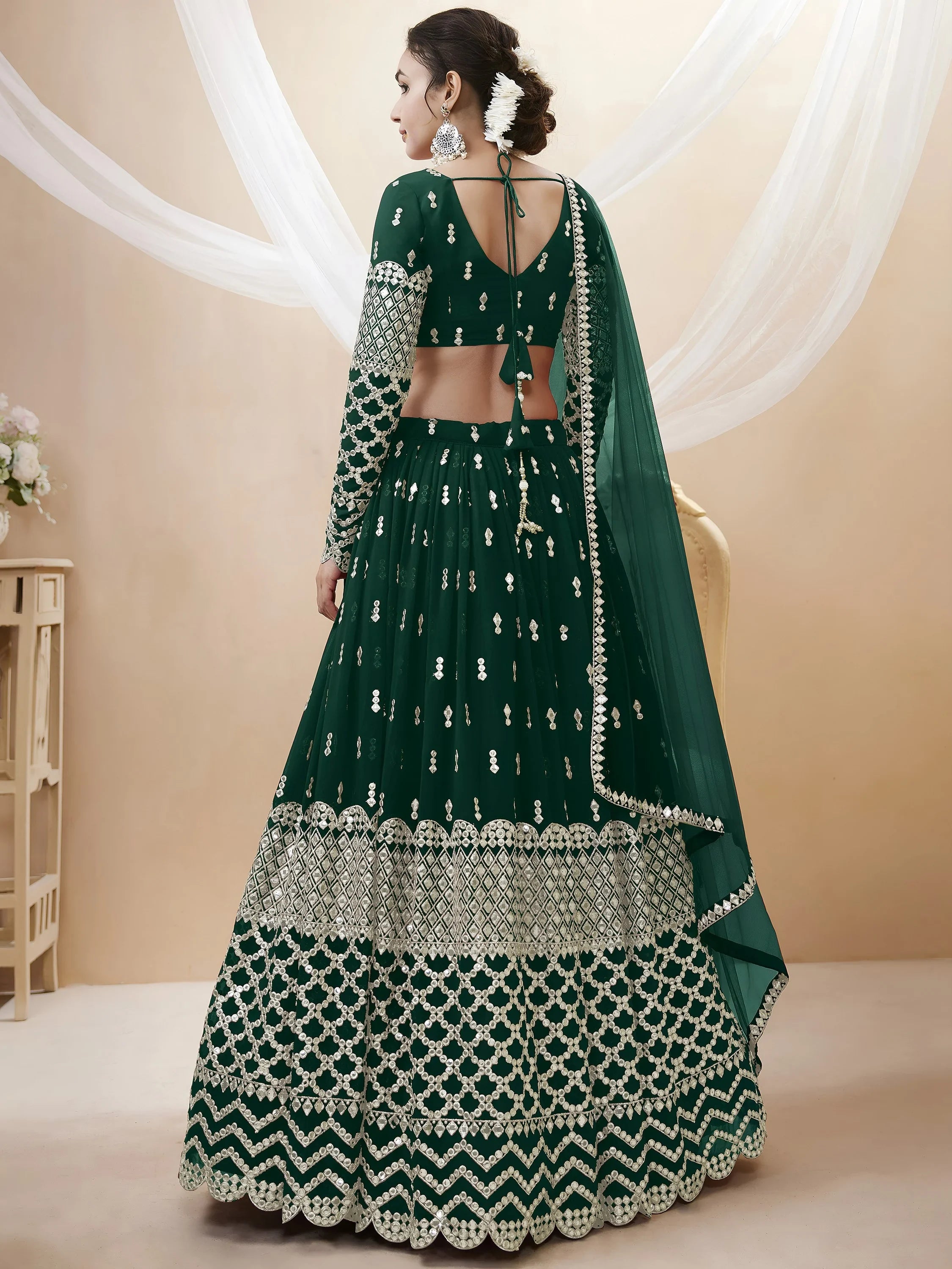 Capricious Dark Green Sequins Work Georgette Lehenga Choli