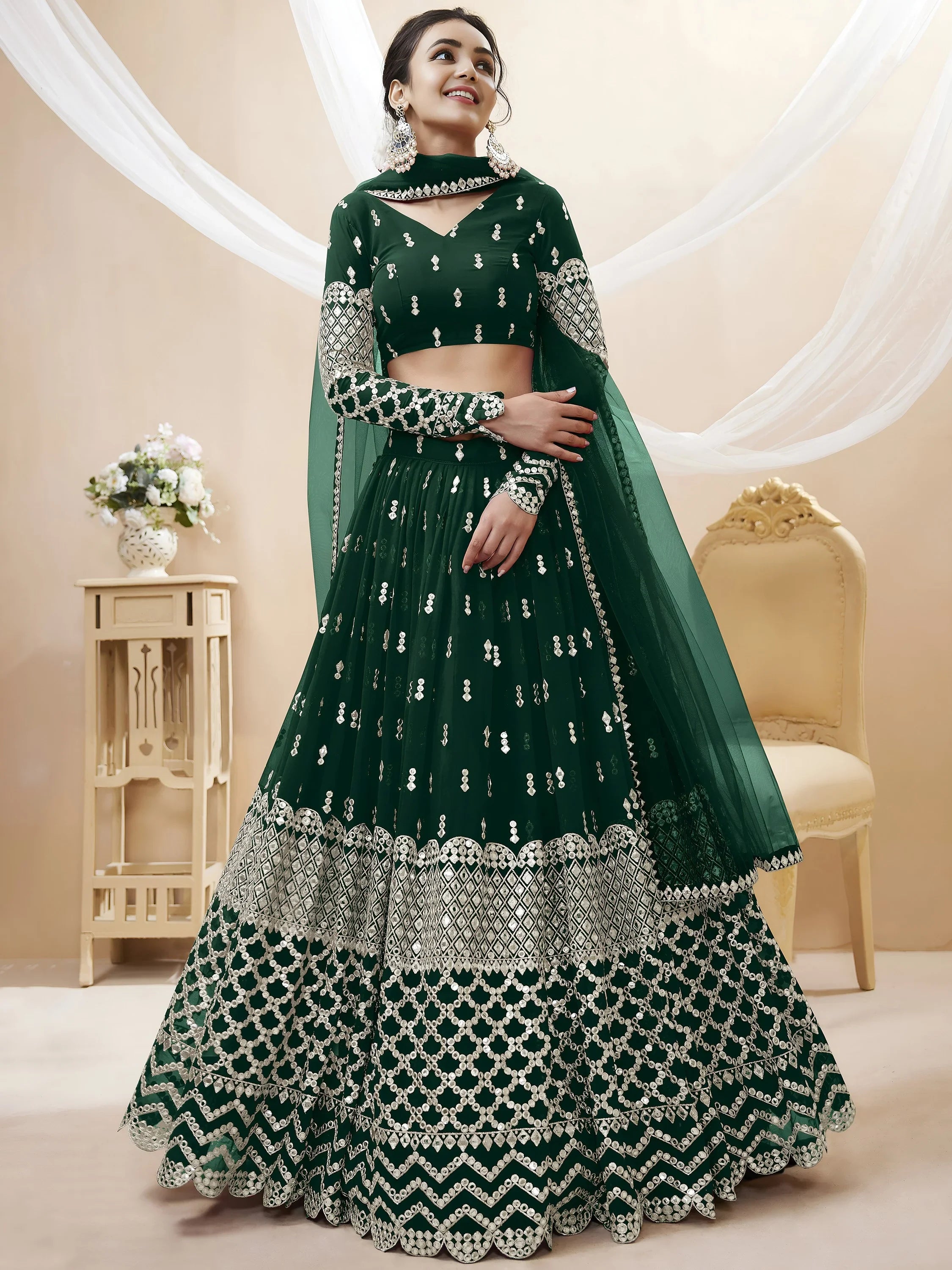 Capricious Dark Green Sequins Work Georgette Lehenga Choli