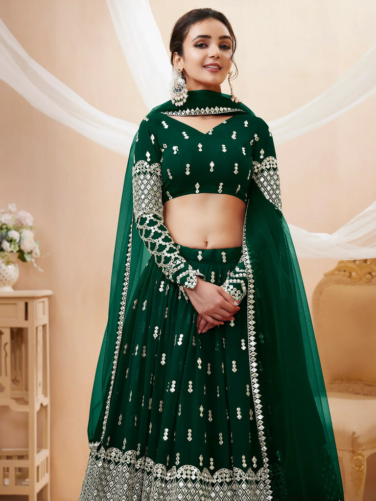 Capricious Dark Green Sequins Work Georgette Lehenga Choli