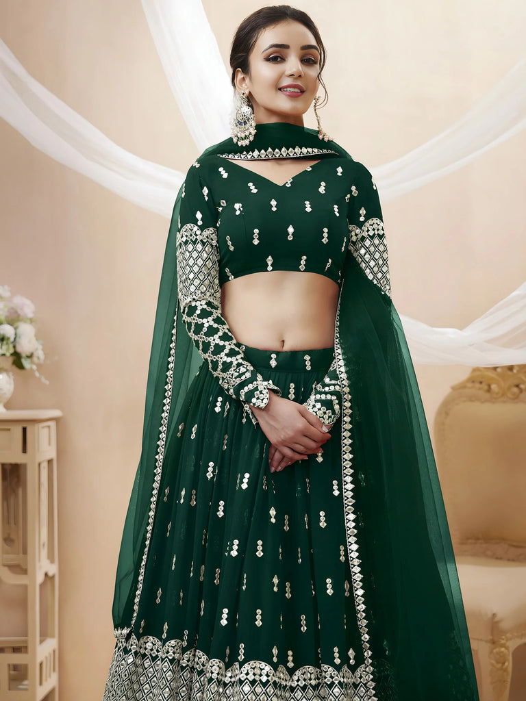 Capricious Dark Green Sequins Work Georgette Lehenga Choli