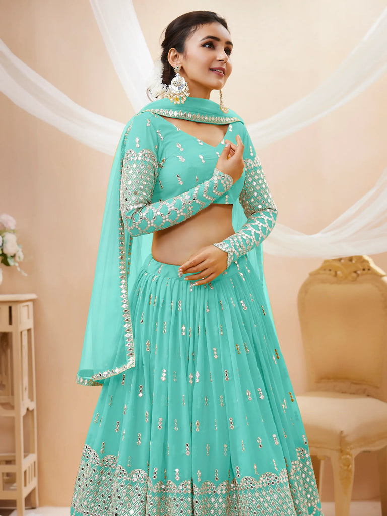 Spectacular Sky Blue Sequins Georgette Sangeet Wear Lehenga Choli