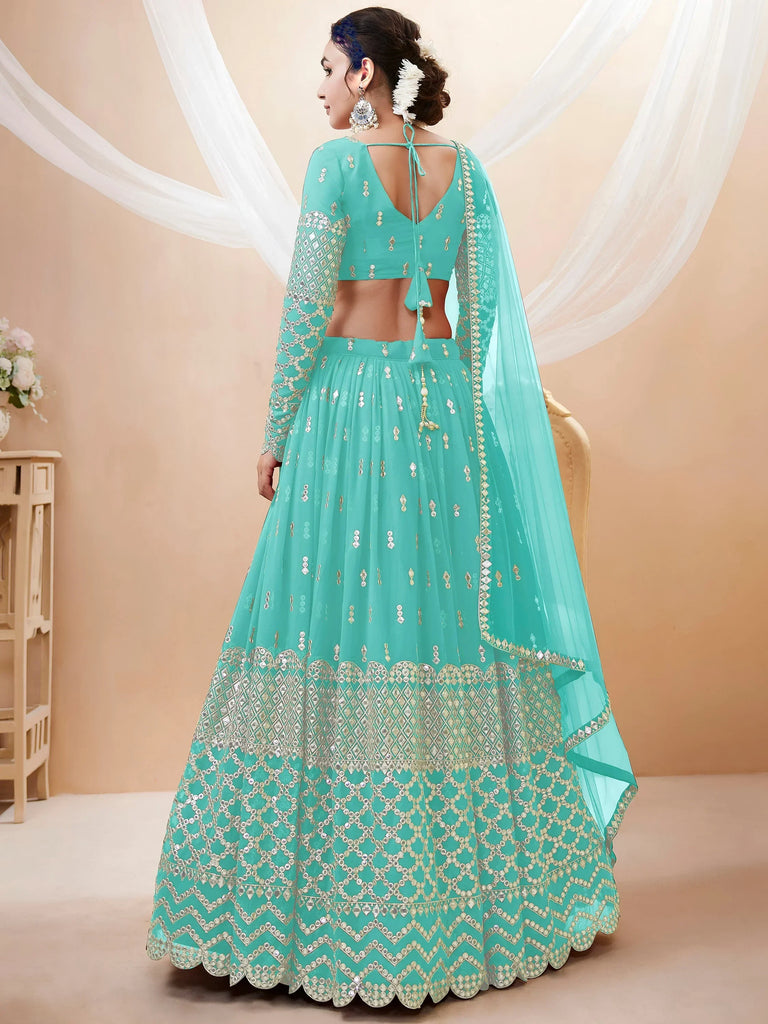 Spectacular Sky Blue Sequins Georgette Sangeet Wear Lehenga Choli