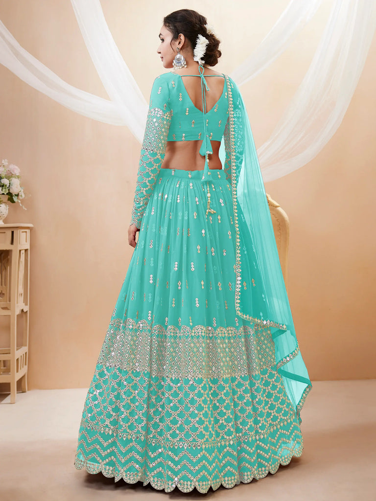 Spectacular Sky Blue Sequins Georgette Sangeet Wear Lehenga Choli