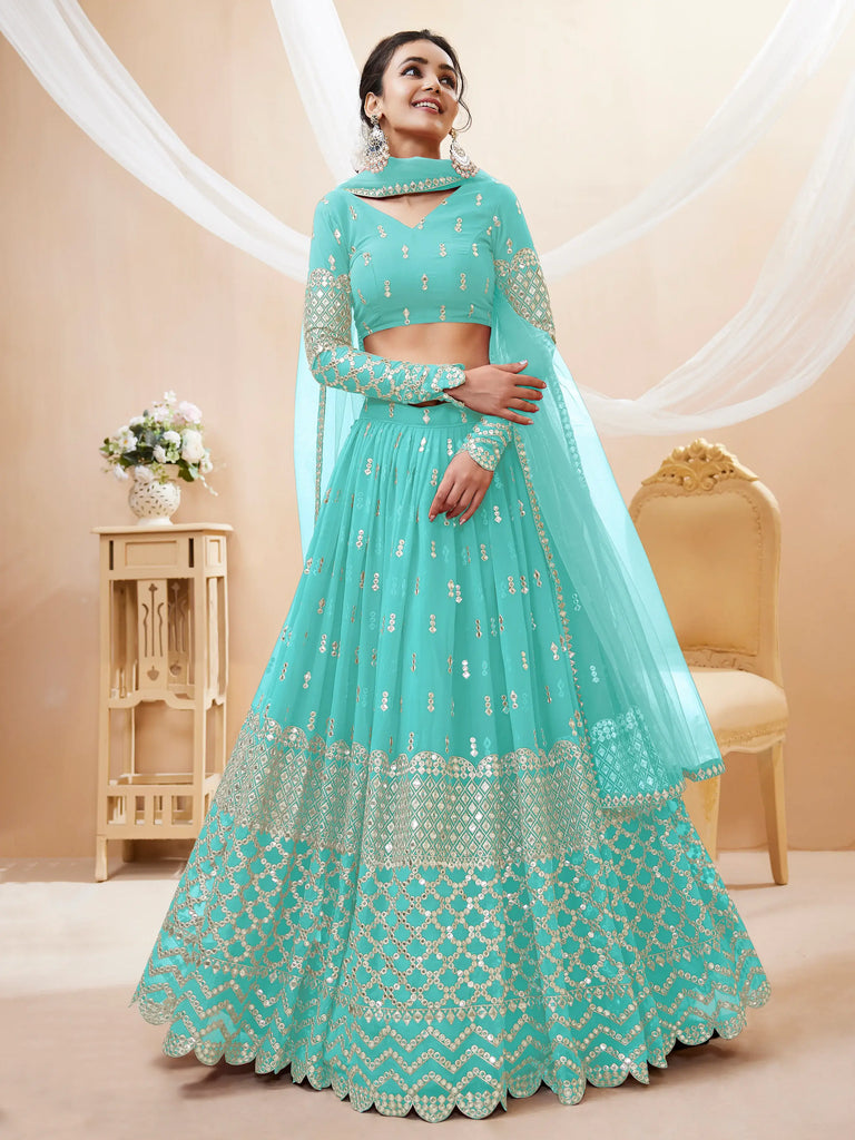 Spectacular Sky Blue Sequins Georgette Sangeet Wear Lehenga Choli