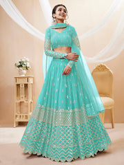 Spectacular Sky Blue Sequins Georgette Sangeet Wear Lehenga Choli