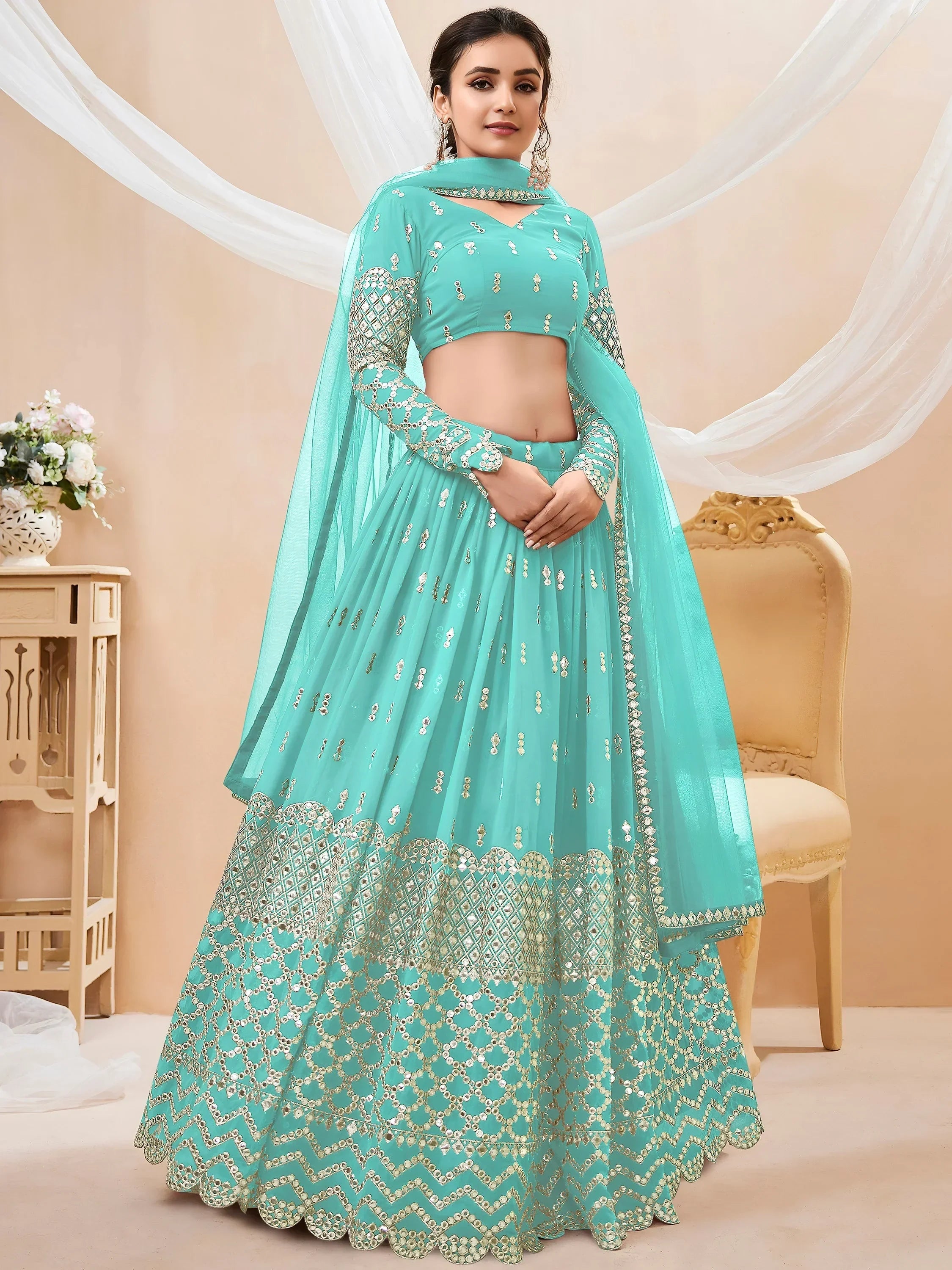 Spectacular Sky Blue Sequins Georgette Sangeet Wear Lehenga Choli