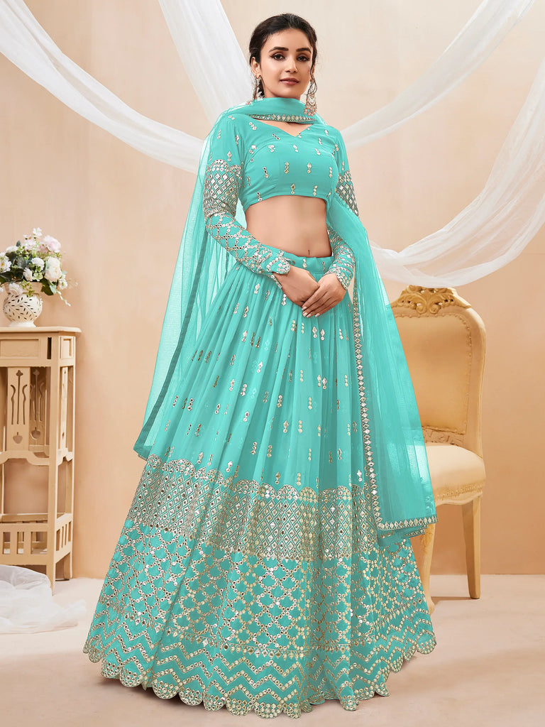 Spectacular Sky Blue Sequins Georgette Sangeet Wear Lehenga Choli