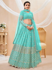 Spectacular Sky Blue Sequins Georgette Sangeet Wear Lehenga Choli