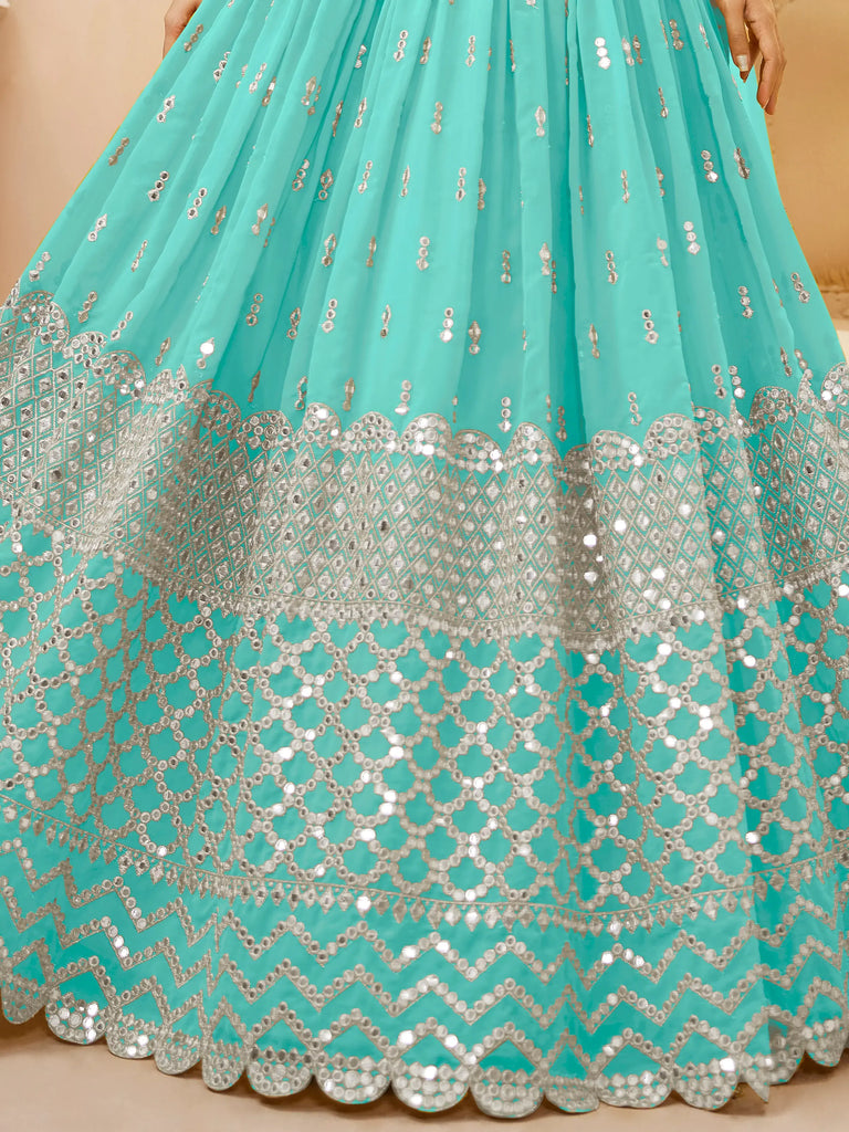 Spectacular Sky Blue Sequins Georgette Sangeet Wear Lehenga Choli
