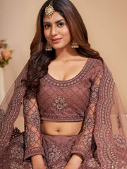 Wonderful Brown Embroidered Net Wedding Wear Lehenga Choli
