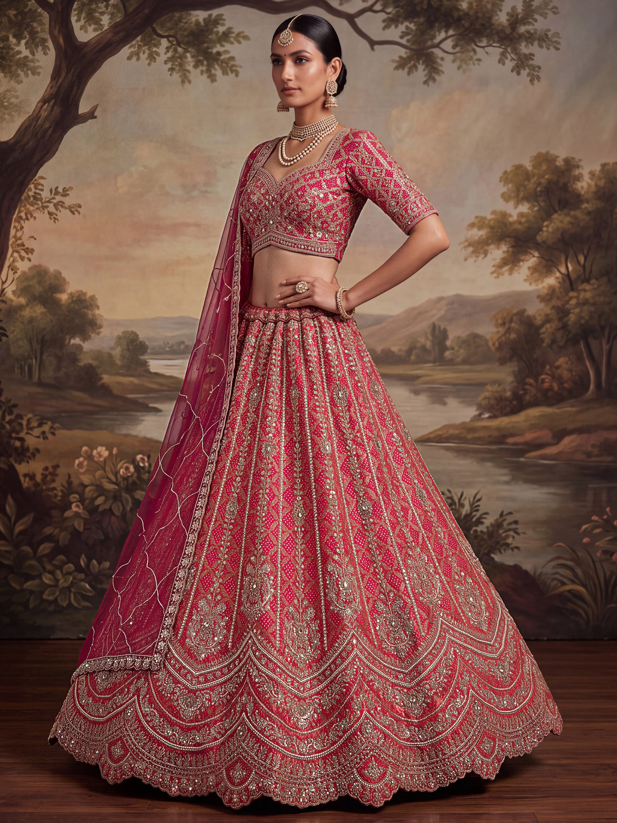 Royal Pink Khatli Work Banarasi Silk Reception Wear Lehenga With Blouse