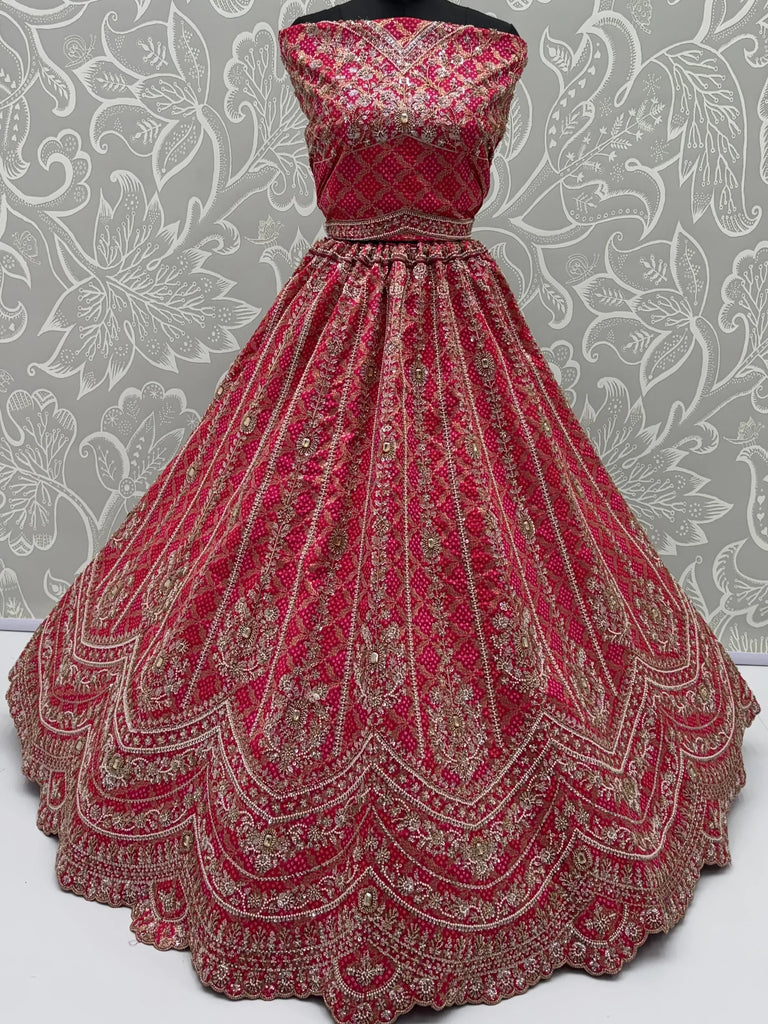 Royal Pink Khatli Work Banarasi Silk Reception Wear Lehenga With Blouse