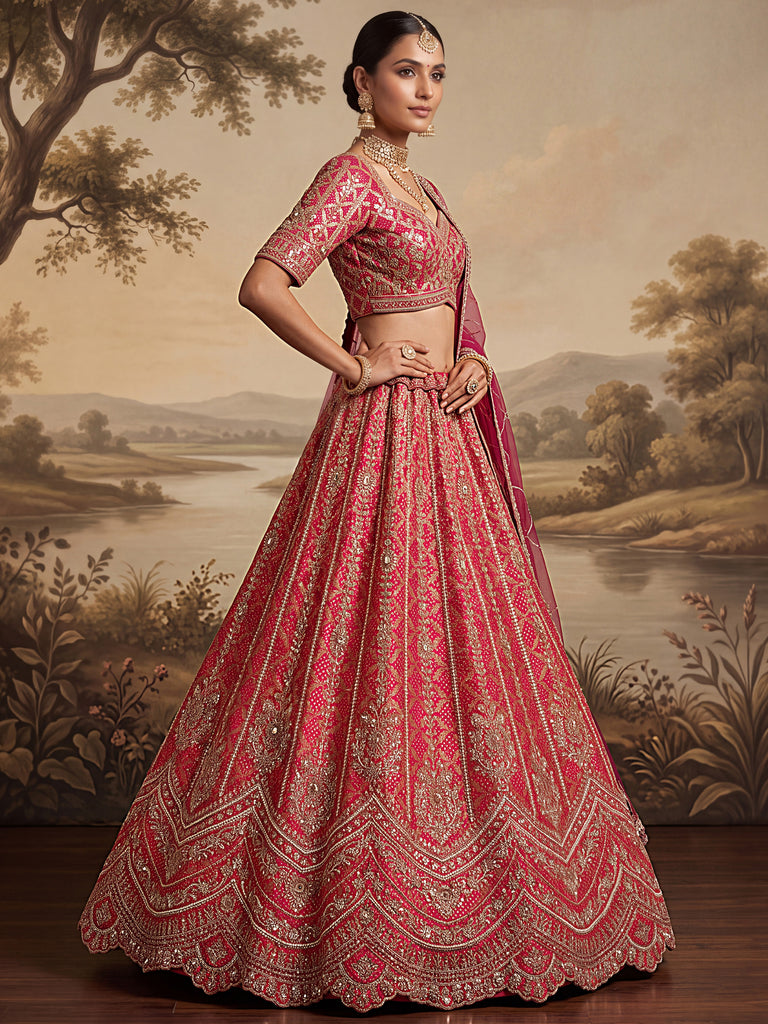 Royal Pink Khatli Work Banarasi Silk Reception Wear Lehenga With Blouse