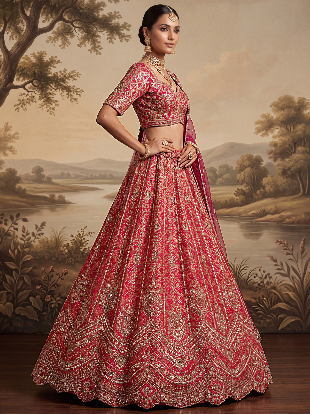 Royal Pink Khatli Work Banarasi Silk Reception Wear Lehenga With Blouse