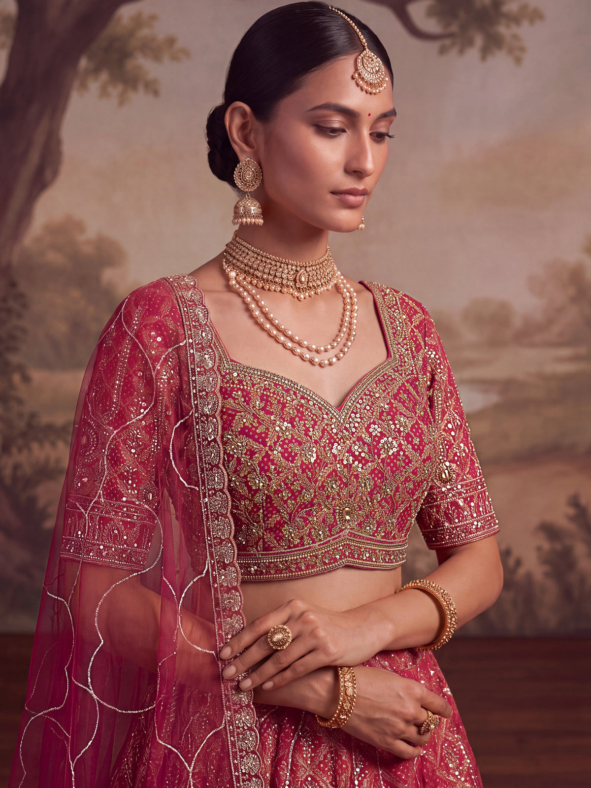Royal Pink Khatli Work Banarasi Silk Reception Wear Lehenga With Blouse