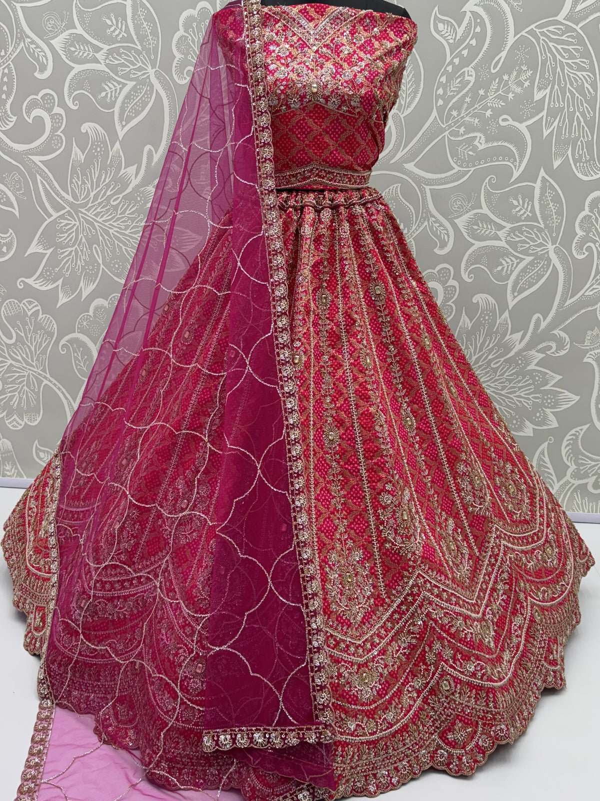 Royal Pink Khatli Work Banarasi Silk Reception Wear Lehenga With Blouse