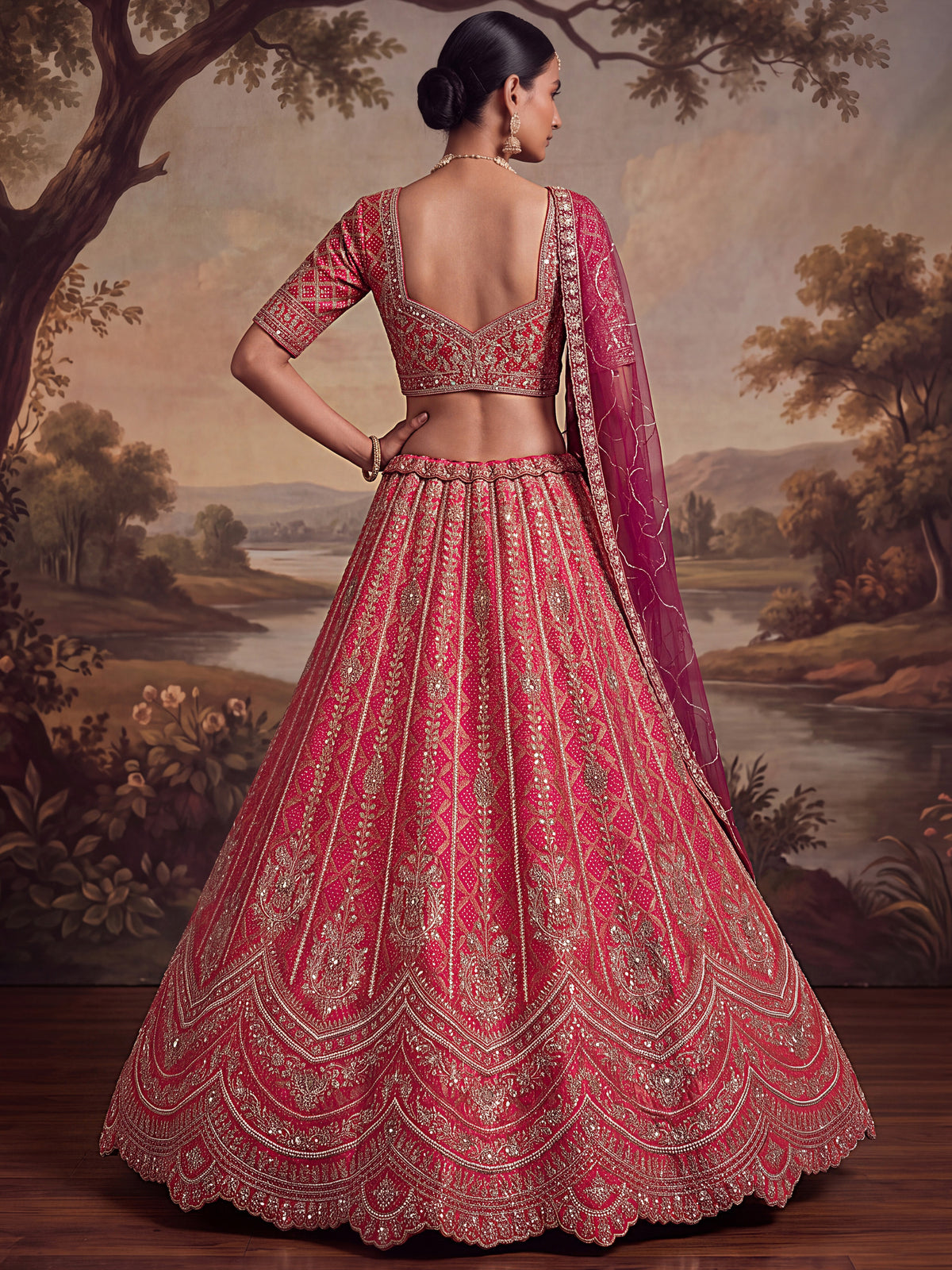 Royal Pink Khatli Work Banarasi Silk Reception Wear Lehenga With Blouse