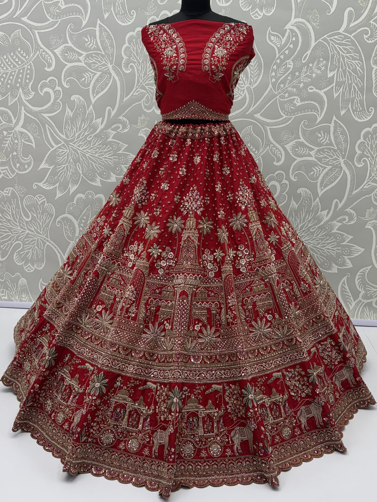 Luxurious Red Hand Embroidered Bridal Lehenga Choli With Double Dupatta