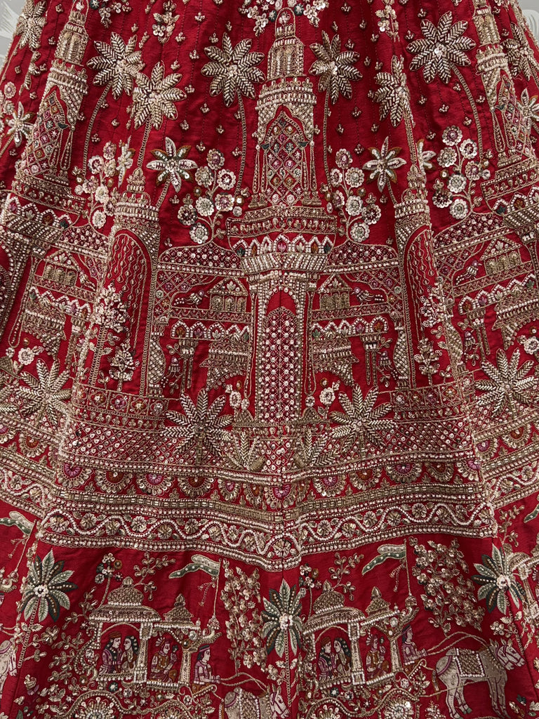 Luxurious Red Hand Embroidered Bridal Lehenga Choli With Double Dupatta