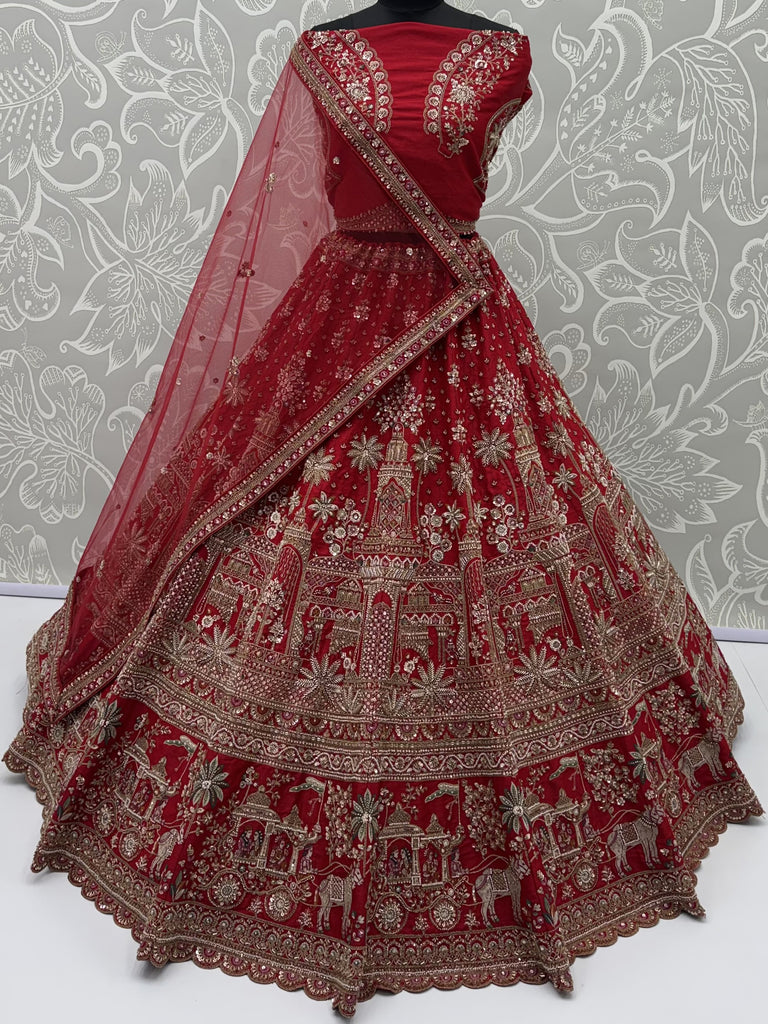 Luxurious Red Hand Embroidered Bridal Lehenga Choli With Double Dupatta