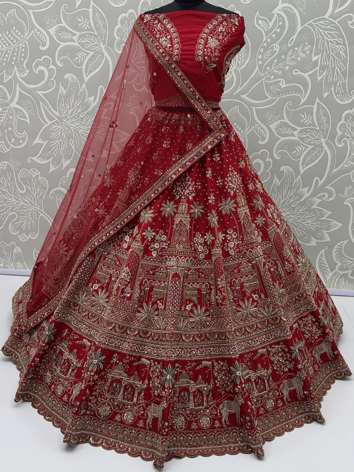 Luxurious Red Hand Embroidered Bridal Lehenga Choli With Double Dupatta