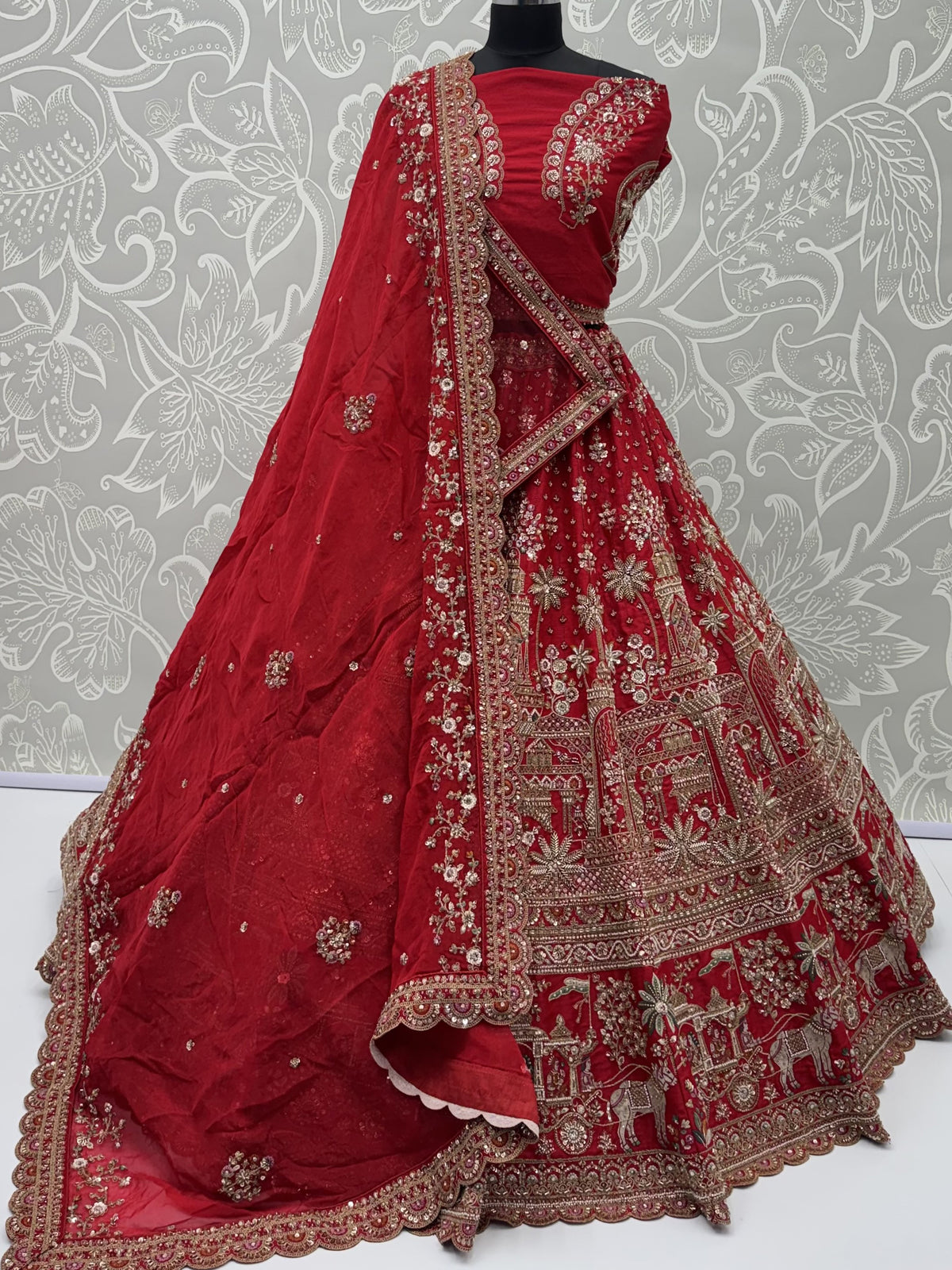 Luxurious Red Hand Embroidered Bridal Lehenga Choli With Double Dupatta