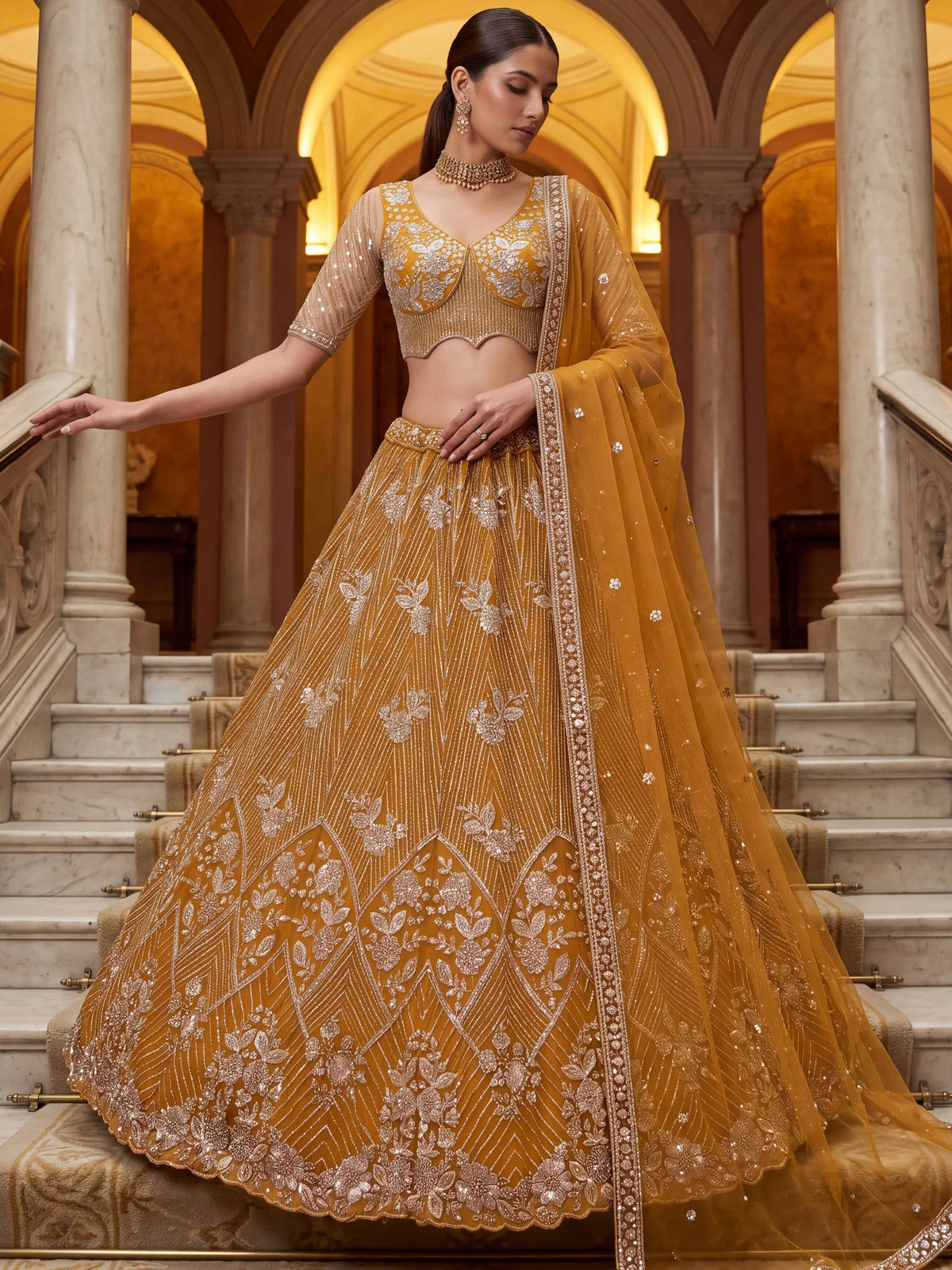 Glowing Mustard Yellow Bead Work Net Reception Wear Lehenga Choli