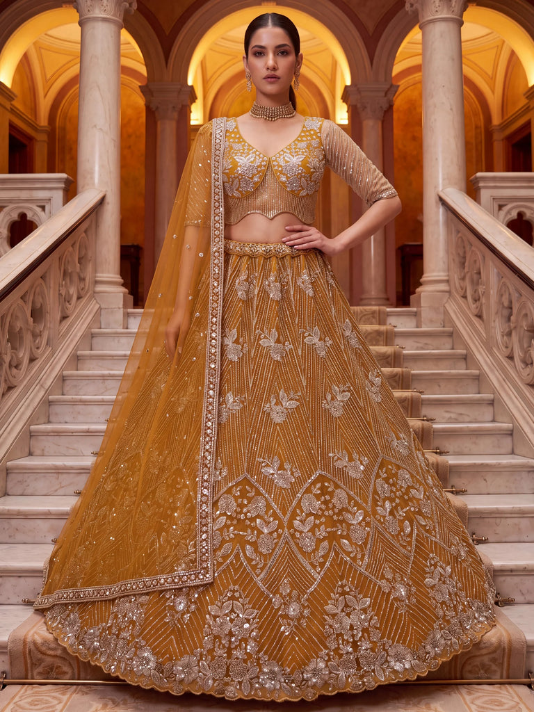 Glowing Mustard Yellow Bead Work Net Reception Wear Lehenga Choli