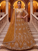 Glowing Mustard Yellow Bead Work Net Reception Wear Lehenga Choli