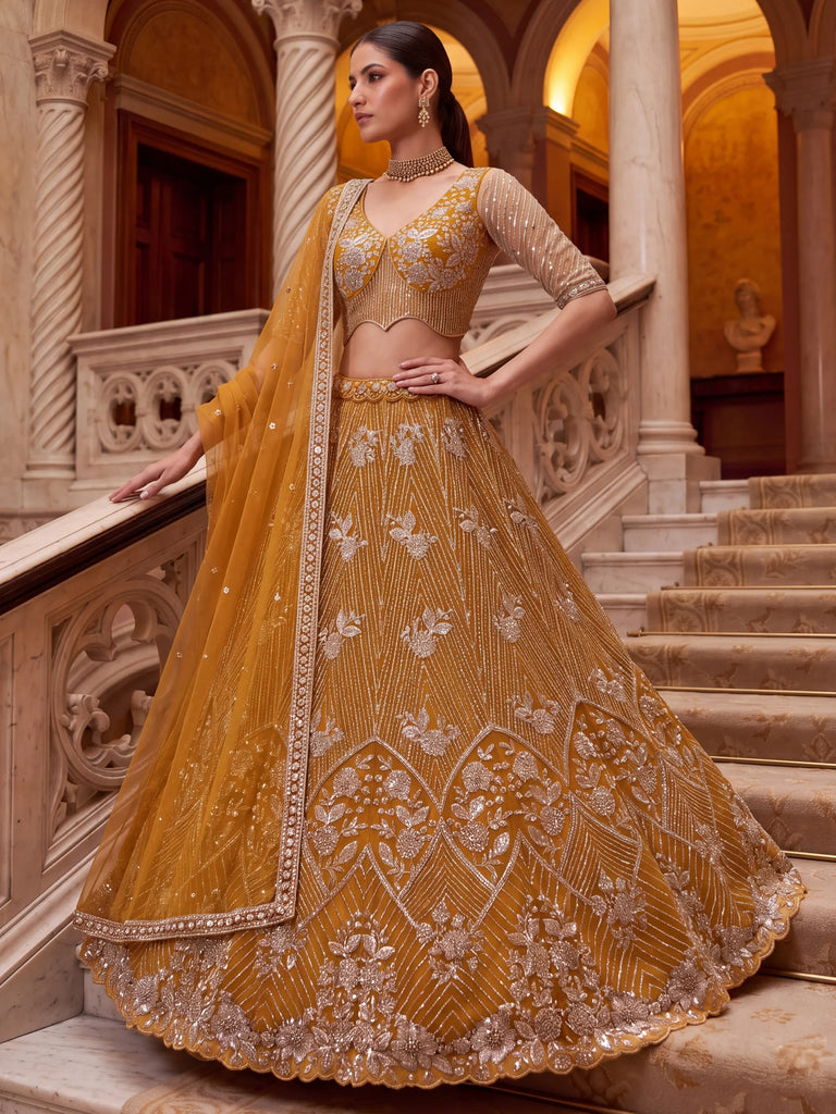 Glowing Mustard Yellow Bead Work Net Reception Wear Lehenga Choli