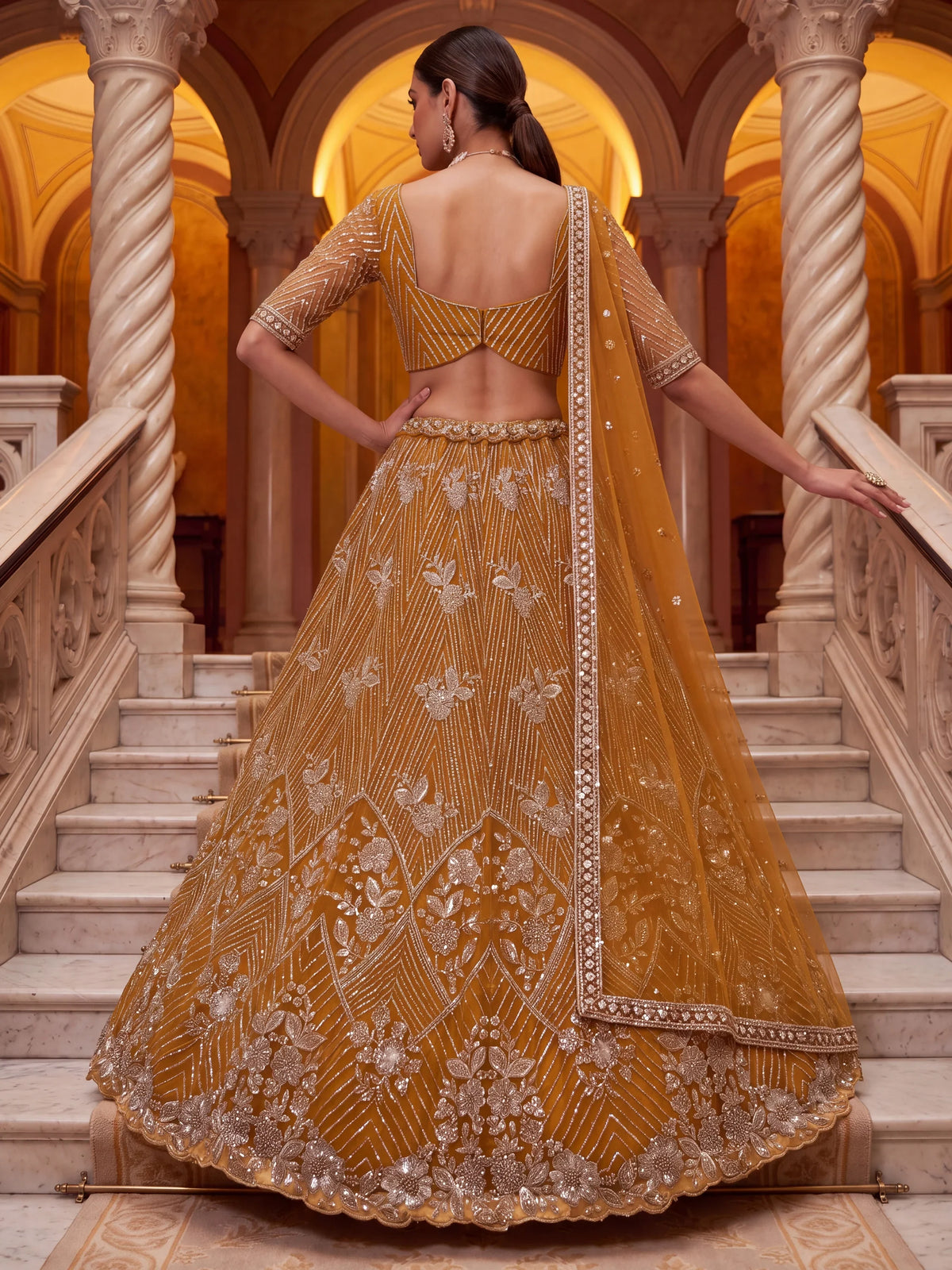 Glowing Mustard Yellow Bead Work Net Reception Wear Lehenga Choli