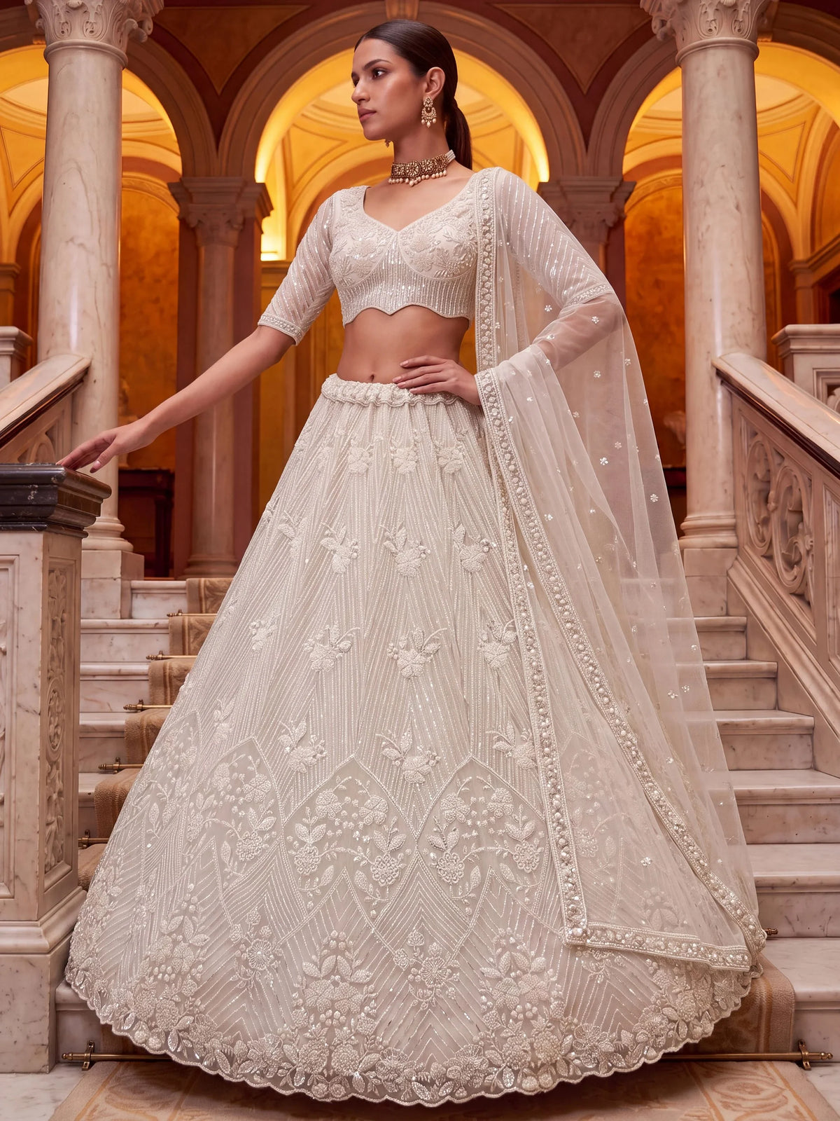Classic White Sequins Net Evening Wear Lehenga Choli With Dupatta