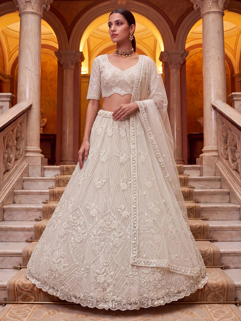 Classic White Sequins Net Evening Wear Lehenga Choli With Dupatta