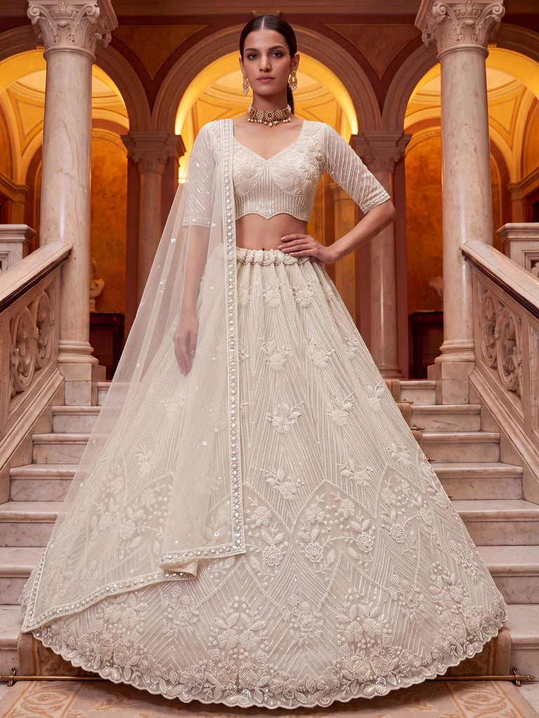 Classic White Sequins Net Evening Wear Lehenga Choli With Dupatta